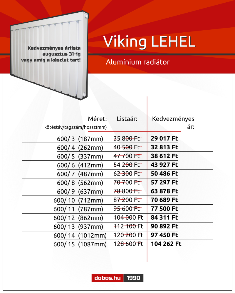 Viking LEHEL, lakótelepi alumínium radiátor árlista! 2025. augusztus 31-ig!