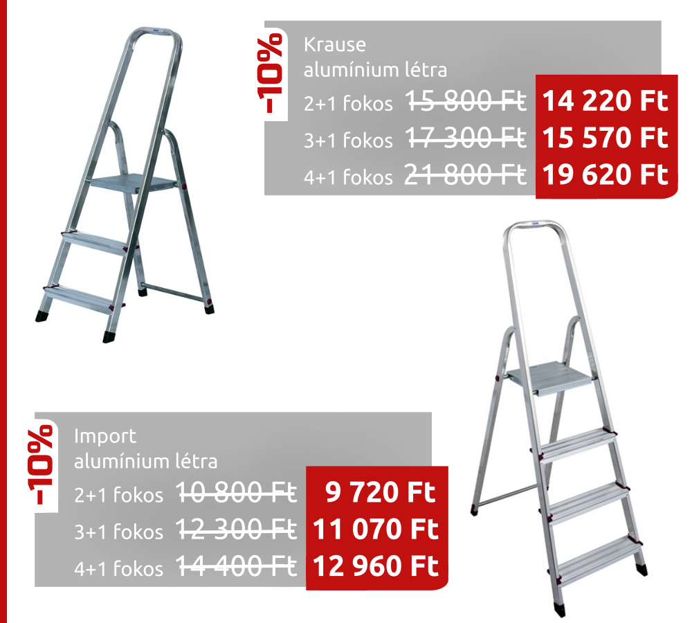 Akció! Alumínium létrák 2+1, 3+1, 4+1 fokosak. Krause és import gyártmányok.