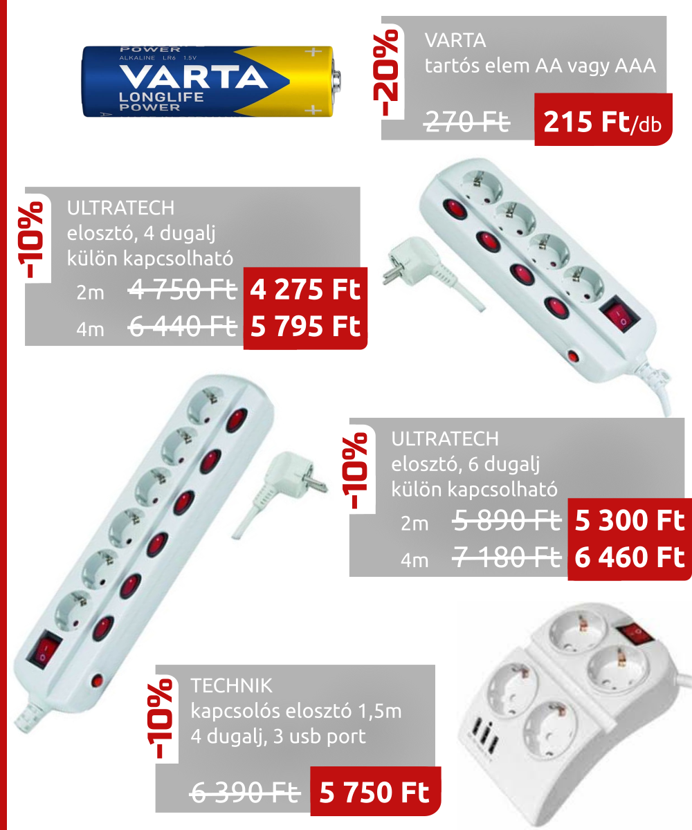 Akció! Varta tartós elem AA, AAA, Elektromos hosszabító elosztó, külön kapcsolható aljzattal, usb portokkal, különböző hosszúságban. 