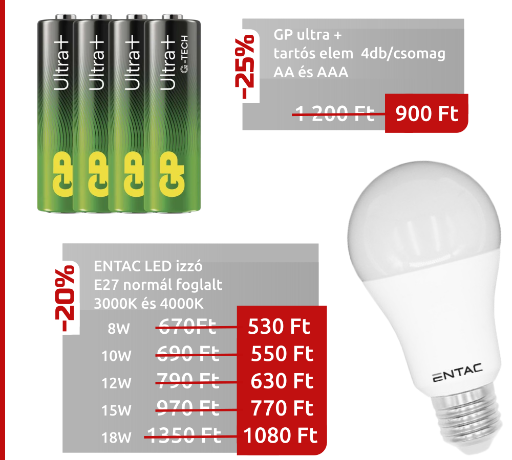 Akció! GP ultra +, tartós elem ceruza AA és mikro AAA, Entac LED izzó, 3000K és 4000K színhőmérséklettel, 8W, 10W, 12W, 15W, 18W