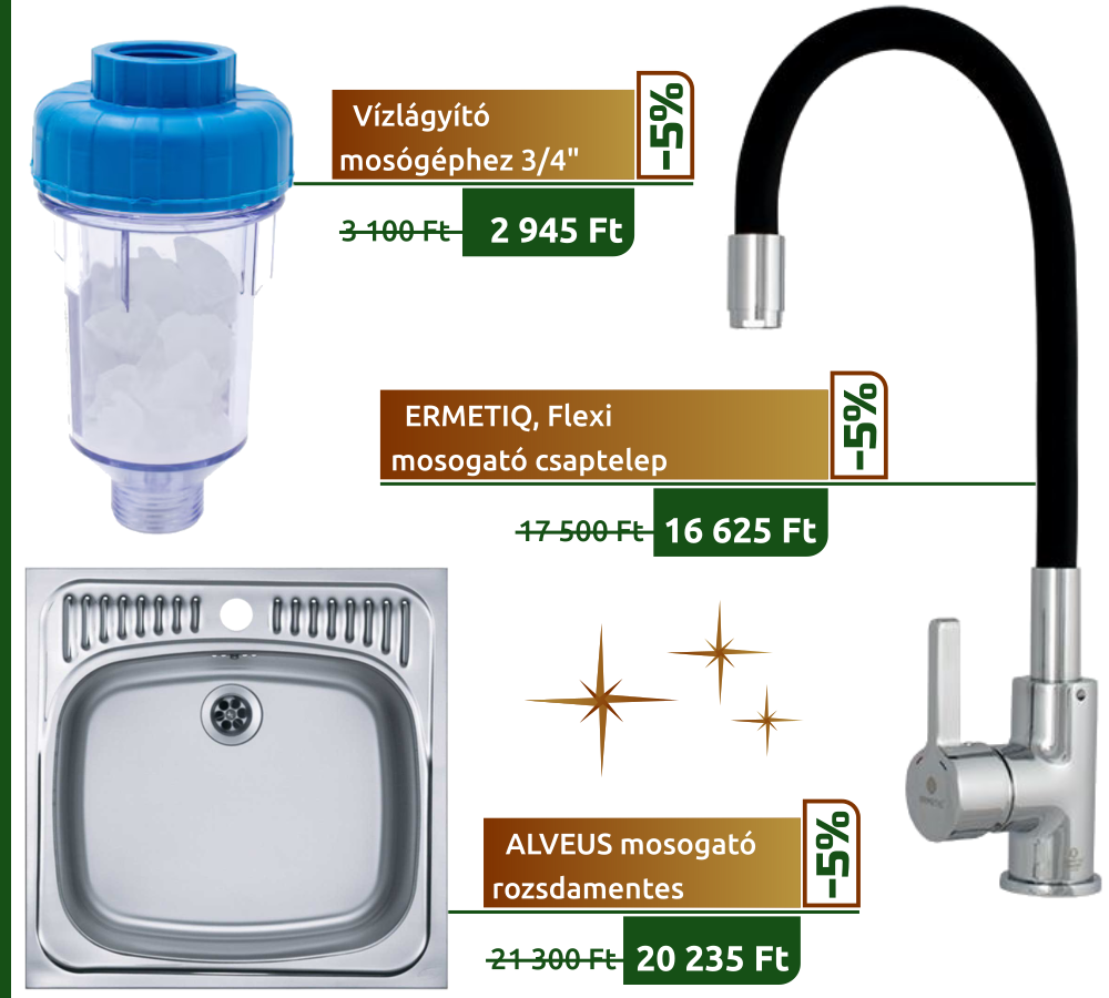 Akció! Mosógáp elé szerelhető kristályos vízlágyító, Ermetiq Flexi mosogató csaptelep, Alveus lakótelepi (házgyári) rozsdamentes mosogató!