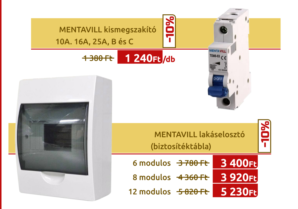 MENTAVILL kismegszakító 10A. 16A, 25A, B és C  MENTAVILL lakáselosztó (biztosítéktábla)