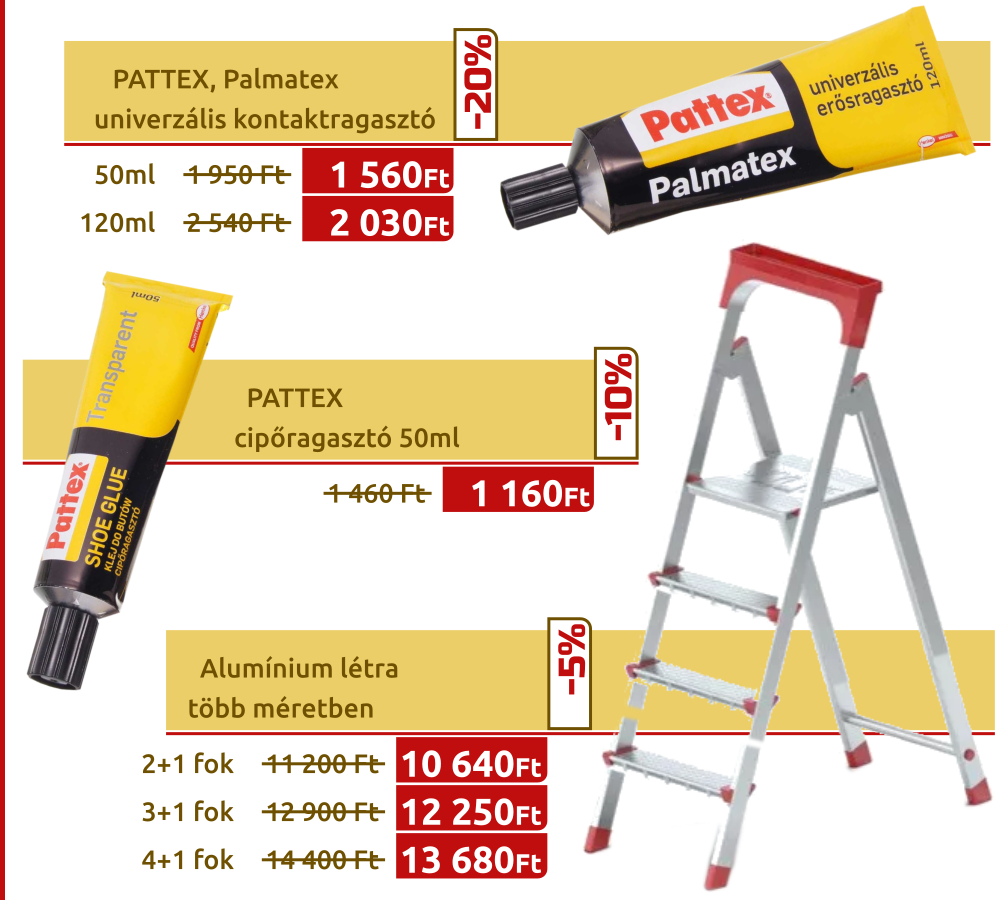 PATTEX, Pálmatex  kontaktragasztó    PATTEX cipőragasztó 50ml    Alumínium létra több méretben