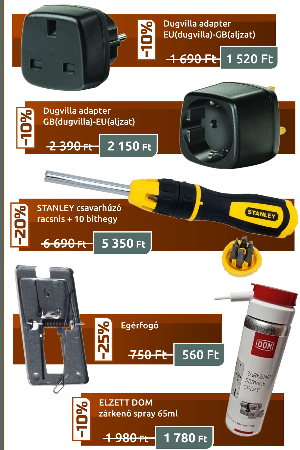 Akció! Dugvilla adapter angol-magyar, magyar-angol, Stanley racsnis csavarhúzó 10 bitheggyel, egérfogó, Elzett DOM zárkenő spray!