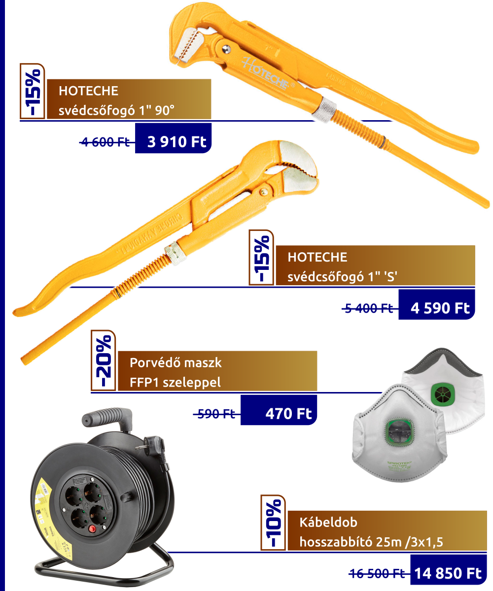 Akció! HOTECHE SVÉDCSŐFOGÓK 90 fokos, 45 fokos, FFP1 -es porvédő maszk, szelepes, kábeldobos hosszabbító 25 méteres, 3x1,5 mm-es vezetékkel