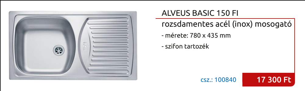 ALVEUS BASIC 150 FI 60 (780 x 435 mm) csepptálcás (lakótelepi, házgyári) rozsdamentes mosogató, szifonnal