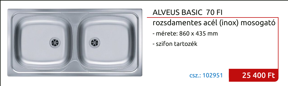 ALVEUS BASIC 70 FI 60 (860 x 435 mm) két medencés (lakótelepi, házgyári) rozsdamentes mosogató, szifonnal