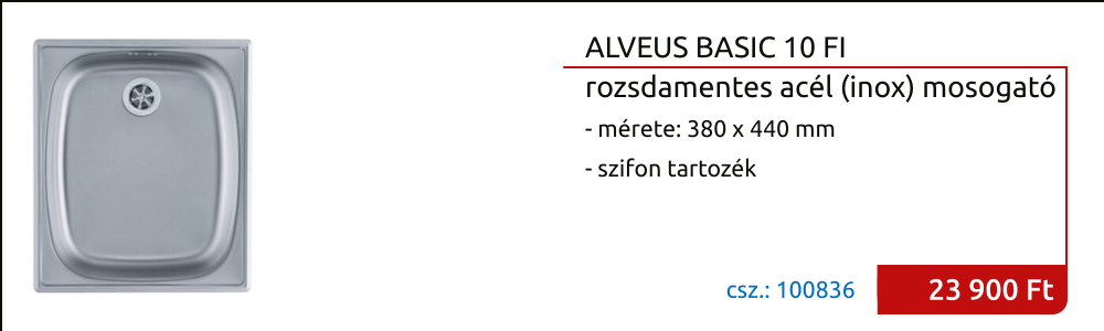 ALVEUS BASIC 10 FI 60 (380 x 440 mm) egy medencés, kis méretű (lakótelepi, házgyári) rozsdamentes mosogató, szifonnal