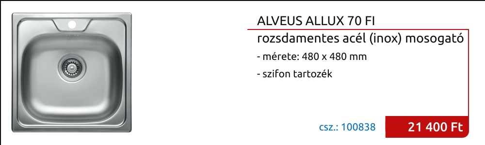 ALVEUS ALLUX 70 FI 60 (480 x 480 mm) egymedencés (lakótelepi, házgyári) rozsdamentes mosogató, szifonnal